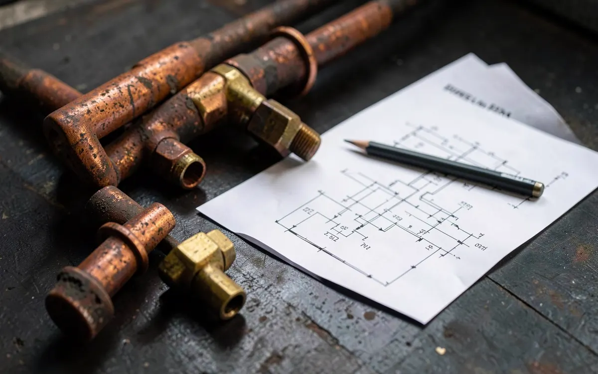Copper fittings and a technical drawing arranged on a workshop surface